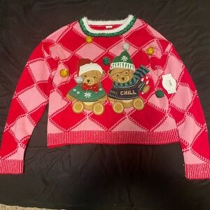 Festive Bear Pattern Sweater - Red and Pink